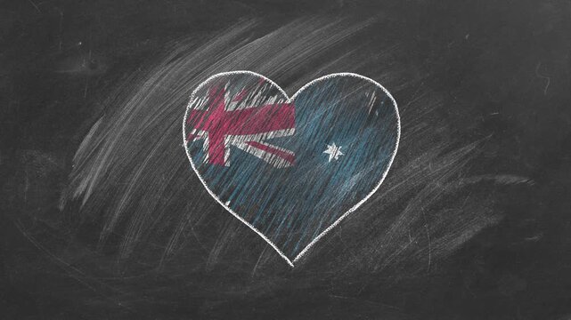 National flag of Australia in heart shape  drawn with colored chalk on a blackboard.