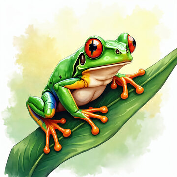 Green coqui frog with bright red eyes sits on large leaf. Its vibrant colors stand out against soft yellow and green background. This amphibian illustration is perfect for nature and wildlife themes.