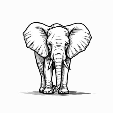 Minimalist elephant line drawing, focus on large ears and trunk. Black and white illustration of African mammal, simple outline art for design.