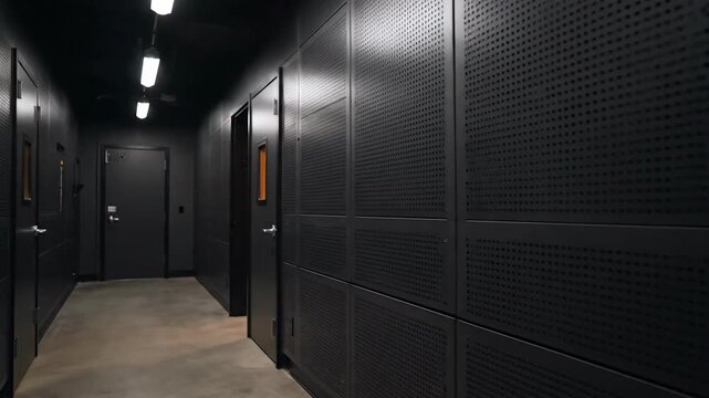Modern recording studio interior, black soundproof walls, sound mixing desk with monitors and chair in room.
