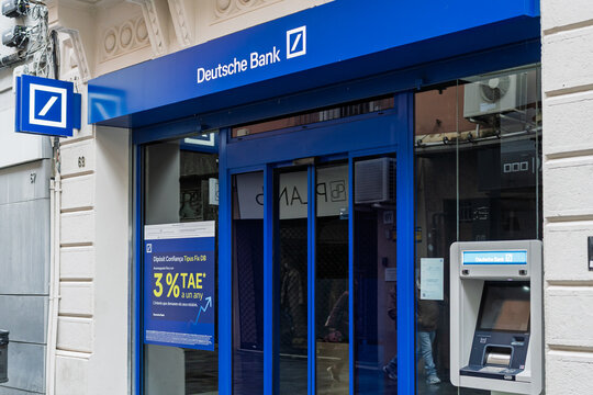 Barcelona, Spain - February 7, 2026: Deutsche Bank branch with interest rate ad