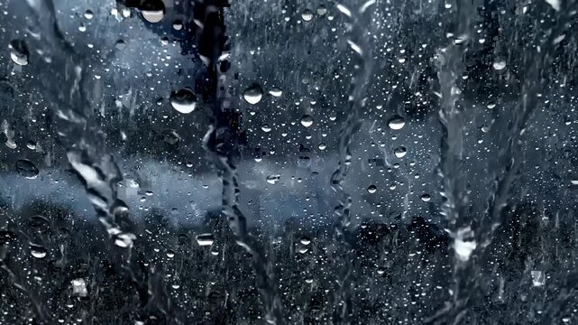 Raindrops on window pane with blurry dark forest background