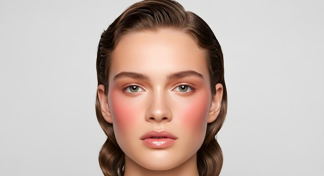 Model With Pink Cheeks, Glossy Lips, and Elegant Hairstyle Against a Gray Background