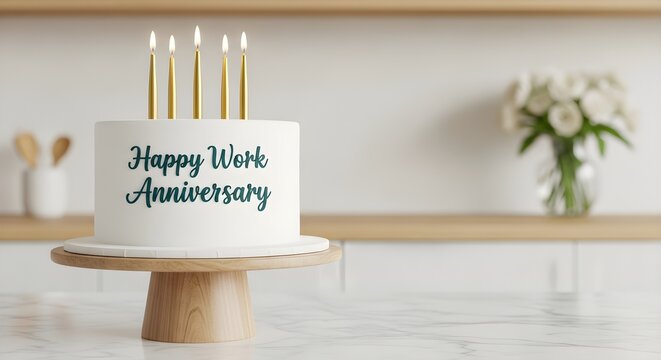 Celebrating Work Anniversary with Cake and Candles in Bright and Cheerful Setting