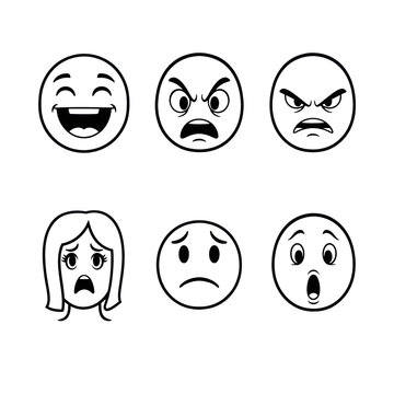 five bold black and white doodle vector icons, isolated flat lay, depicting joy, confusion, anger, neutrality, and surprise with text labels. concept of emotional feedback system design