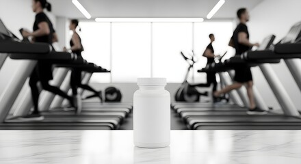 Fototapeta premium White Bottle of Pills on Marble Floor with People Running Treadmills in Gym