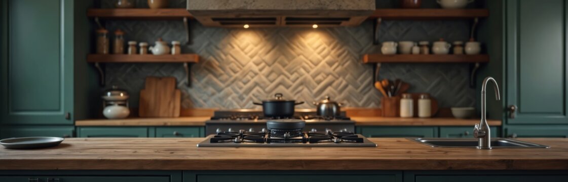Rustic kitchen interior with wooden counter, stove, pots, and sink. Shelves hold jars, utensils. Cozy atmosphere for cooking prep work, recipe making, or product display.
