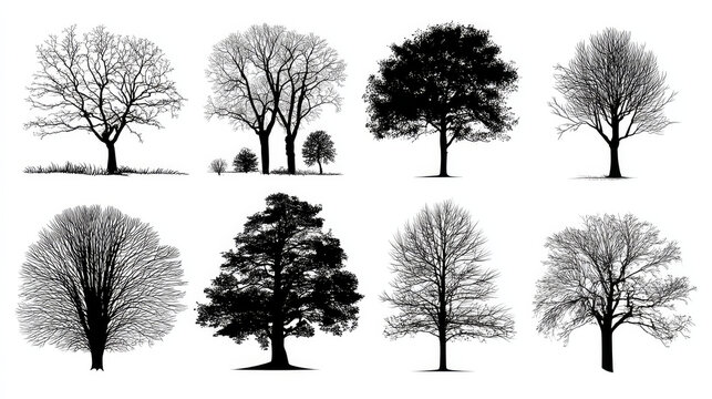 Set of Black Tree Silhouettes Vector Illustration Isolated on White Background