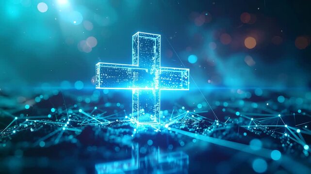 Digital Health Innovation: A luminous, high-tech plus sign illuminates a complex network, symbolizing the cutting-edge of healthcare and wellness