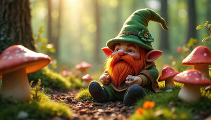 Naklejka premium Cute gnome with red beard sits in forest. He wears green hat and clothes. Red mushrooms grow near gnome. Sun shines through green forest trees.