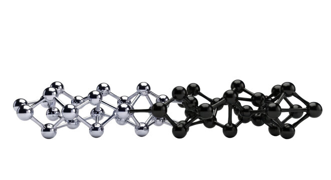 Complex 3d molecular structure (dna/protein) rendered in split chrome and matte black, minimal high-key studio shot on white background with copy space. concept of scientific rigor