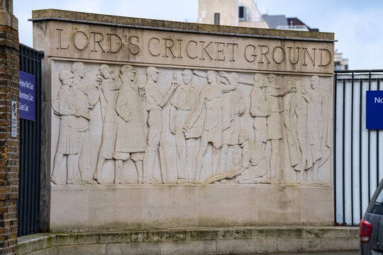 Lord&rsquo;s Cricket Ground London Stadium, Relief Sculpture (Gilbert Bayes, 1934) Venue Name Sign, Wellington / St John&rsquo;s Wood Road, England, United Kingdom - February 2026