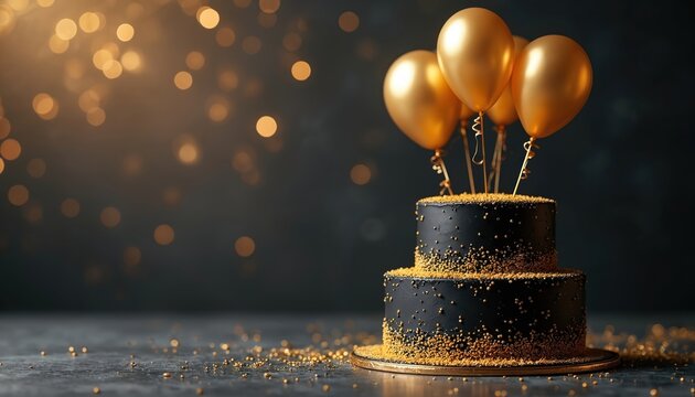 Elegant black two-tier cake with gold sprinkles. Festive gold balloons float above, creating a luxury celebration atmosphere. Perfect for birthdays, parties, or special events.
