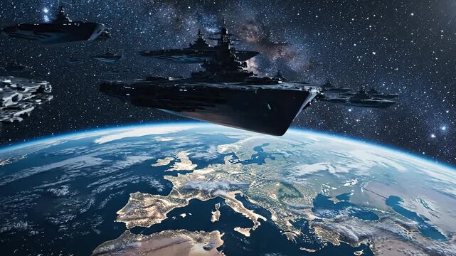 Massive alien armada descends upon Earth, orbiting planet with stars in background