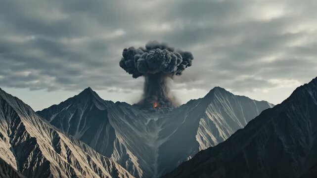 Volcanic eruption in the mountains with ash cloud and smoke rising high into the atmosphere