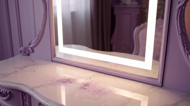 Close up of ornate lavender vanity with carved details, marble countertop, luxurious home decor