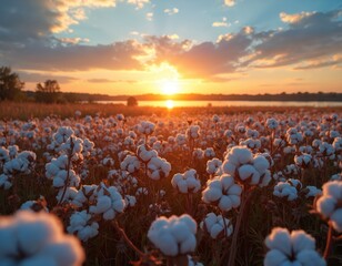 Obraz premium Field of white cotton plants under a golden sunset sky. Water reflects warm light near distant trees. Rural agriculture landscape with fluffy crop.