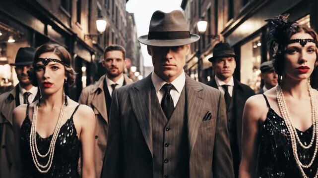 Vintage gangster era group walking confidently down a narrow street led by stern man in fedora pinstripe suit and waistcoat men and women dressed in 1920s flapper and gangster style brick buildings ol