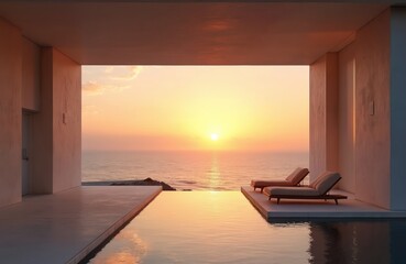 Obraz premium Modern minimalist house with infinity pool and lounge chairs overlooks ocean sunset. Architecture frames serene sea view with warm golden sky.