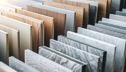 Variety of marble and wood samples on display for interior design