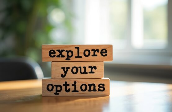 Wooden blocks stacked on table with words explore your options. Background soft focus natural light window. Choice concept, decision making, new path finding.