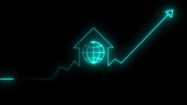 Cyan neon house and globe with upward trending graph  
