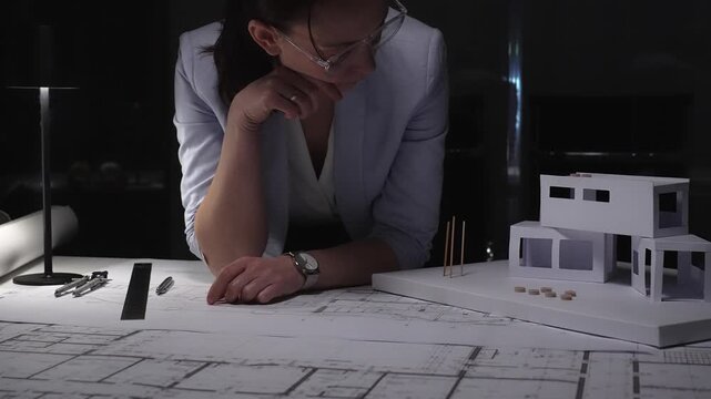Female architect thinking about a modern house architecture project with blueprint and model on desk. Business and architect people concept