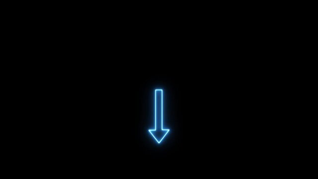 Neon blue arrow pointing downwards on black background. Colorful Glowing neon direction DOWN arrow icon animation. Neon arrow doing direction information animation on black background.