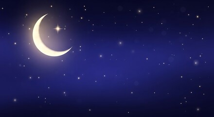 Naklejka premium A luminous crescent moon shines brightly in a starry night sky, casting a gentle glow over the celestial expanse