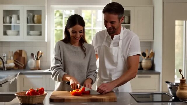 Couple cooking together in modern kitchen, chopping vegetables