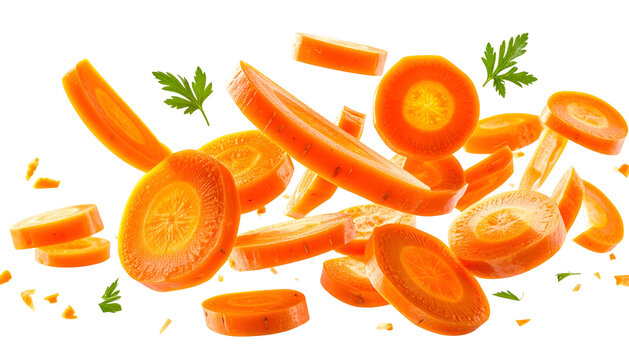 Fresh, sliced carrots and parsley sprigs appear to float against a black background