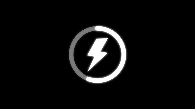 White Lightning Bolt Icon With Charging Circle symbol. Charging lightning bolt icon motion graphic