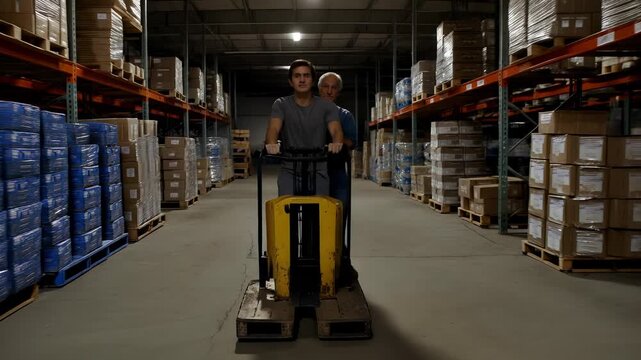 Experienced man providing safety training and guidance to a young worker using a pallet jack in a busy warehouse aisle filled with stacked boxes and inventory