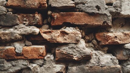 Fototapeta premium Texture of Old Red and Gray Bricks with Cracks and Rough Surfaces Highlighting Natural Weathering and Urban Aesthetics for Design Use