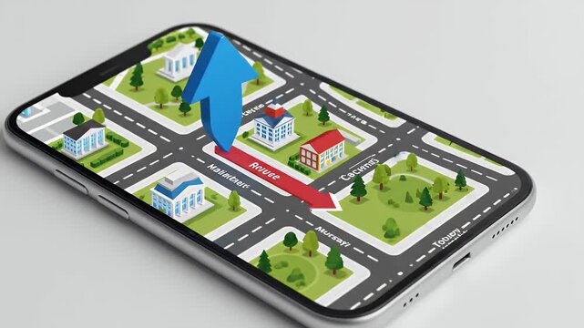 Smartphone displays 3D isometric city map with WiFi location pin