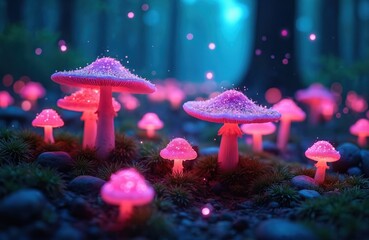 Naklejka premium Enchanting pink neon mushrooms grow in dark forest at night. Magical glowing fungi emit soft light, creating a mystical atmosphere with sparkles. Fantasy nature scene with otherworldly plants.