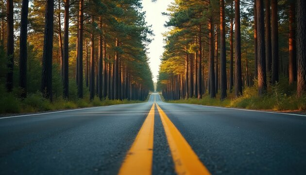 Asphalt road lined with tall pine trees stretches into horizon. Yellow lines guide travel through green forest landscape. Path leads onward toward sky, offering open possibility for journey.