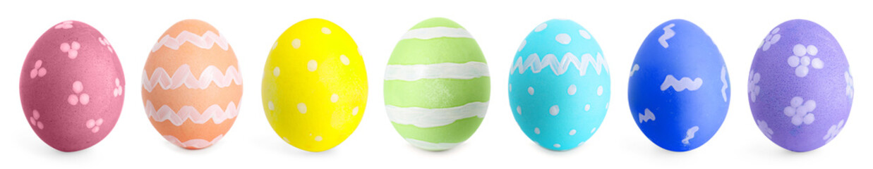 Easter eggs decorated for holiday on white background, set