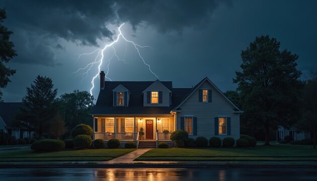 Powerful lightning strikes over suburban home at night during heavy rainstorm. Dramatic sky with dark clouds. Wet street reflects house lights.
