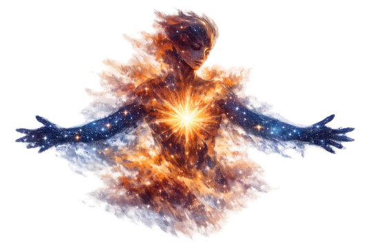 Manifesting cosmic energy, spiritual awakening, human transforming into a radiant nebula with stars, transparent background