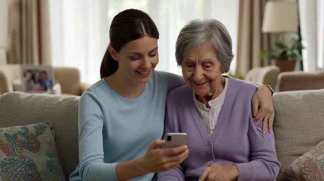 Young woman showing and explaining how to use a mobile phone to an elderly senior woman, symbolizing intergenerational help, care, and family bonding while learning modern technology at home