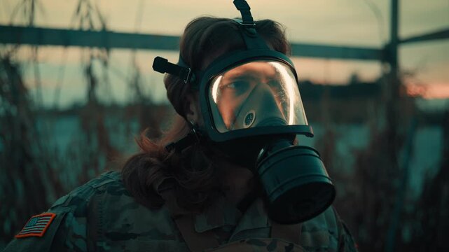 American soldier ready for service in gas mask for chemical warfare