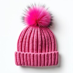 Bright pink knit hat with fluffy pompom. Warm winter headwear accessory. Stylish woolen beanie for cold weather. Soft comfortable head garment.