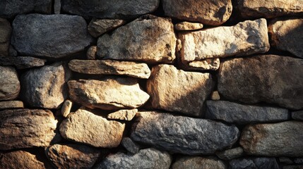 Natural rustic stone wall texture featuring assorted sizes and shapes with varied lighting casting shadows for architectural and design applications