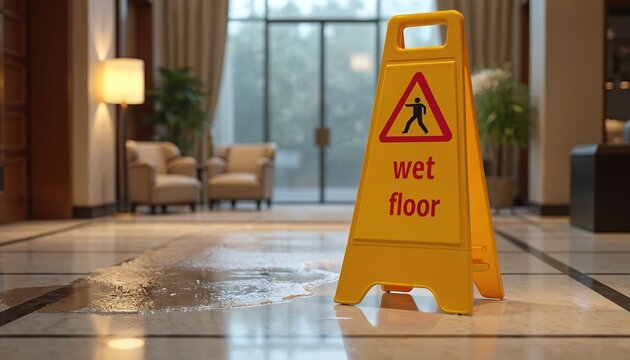 Yellow wet floor sign warns of slippery surface in a hotel lobby after water spill. Safety first on slick marble tiles, caution needed. Keep clear of wet area.