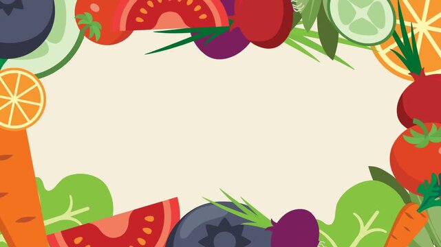 A vibrant video illustration featuring a border composed of fresh fruits and vegetables in a flat design style.