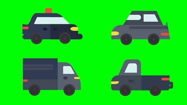 A set of four simple moving cars on public transportation on a bright green background.