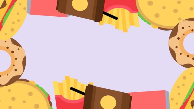 A playful and colorful video illustration featuring a border made of various fast food items. 