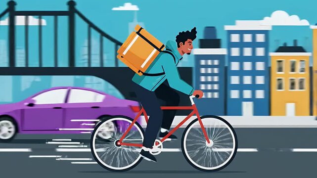 Smiling male delivery rider bicycling fast on urban street