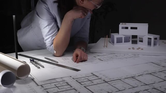 Female architect thinking about a modern house architecture project with blueprint and model on desk. Business and architect people concept